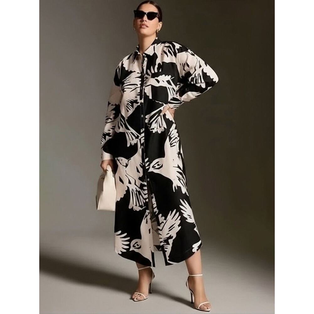 Anthropologie Maeve Boho Long Sleeve Maxi Shirt Dress Bird Print Resort Size XL - Picture 2 of 6